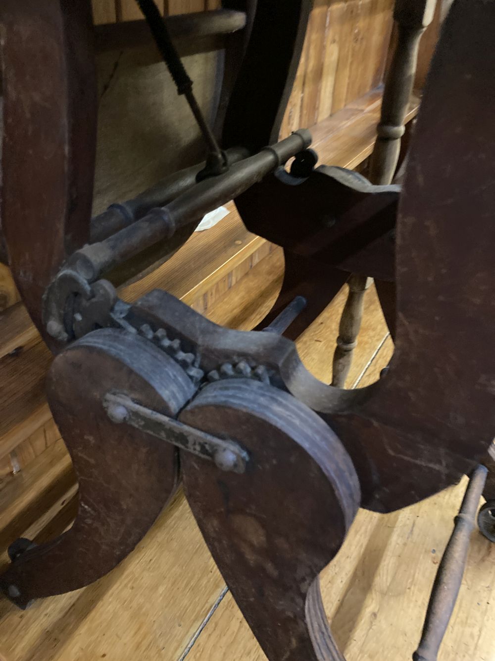A Victorian towel rail, a primitive childs elbow chair and a metamorphic chair
